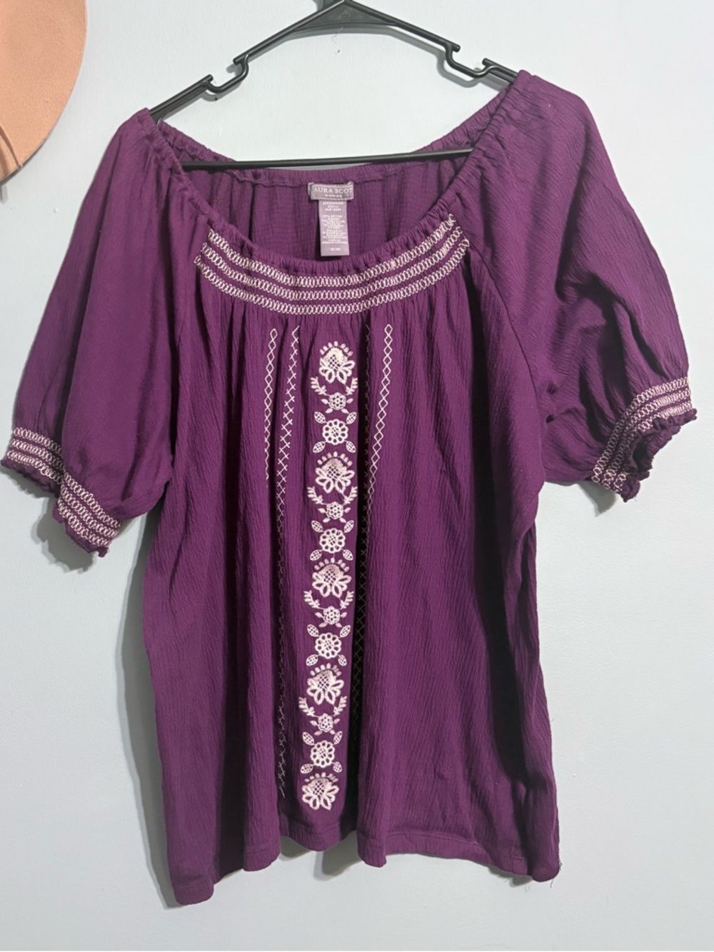 20/22 2X Laura Scott Purple Peasant Blouse with White Embroidery bohemian